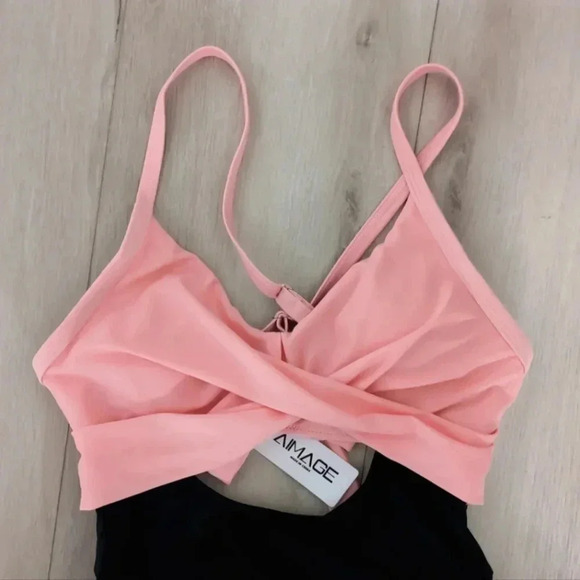 AIMAGE | Women's Peach/Black Push-up Twist Front One Piece Skirt Swimsuit - Picture 3 of 6